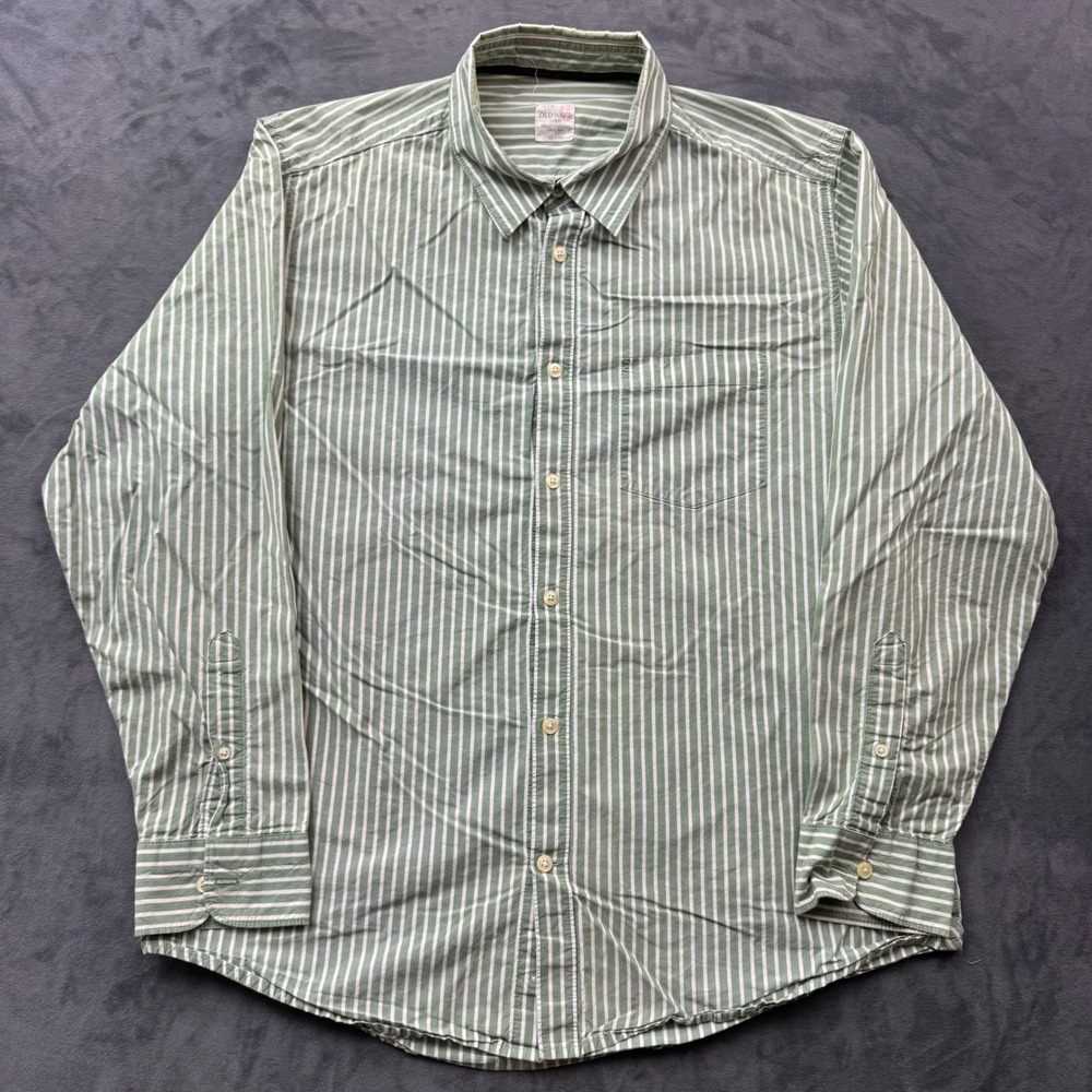 Old Navy Mens Large Green White Striped Long Sleeve Button Down Shirt Pocket